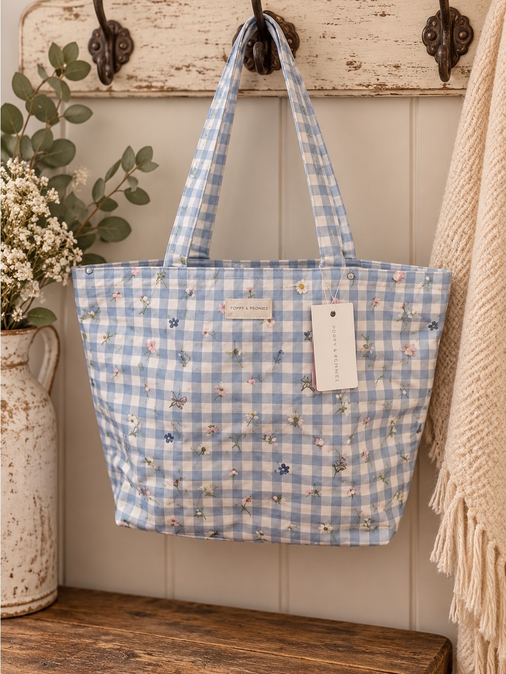 Poppy & Peonies Light Blue Gingham Floral Tote
